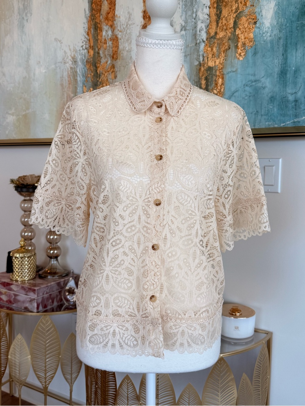 Cream Lace Button-Front Short Sleeve Shirt - Intimissimi